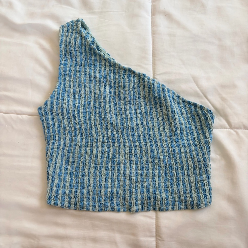 A New Day Smocked One Shoulder Green Blue Stripe Crop Top Size Small - Picture 2 of 5